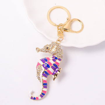 Enamel Seahorse Keychain Rhinestone Head Gold Clasp Two Colors
