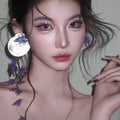 Asymmetric Purple Floral Disc Earrings with Reflective Details view 2