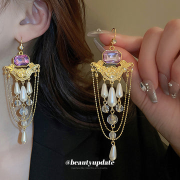 Purple Crystal Pearl Chain Chandelier Earrings in Gold Tone