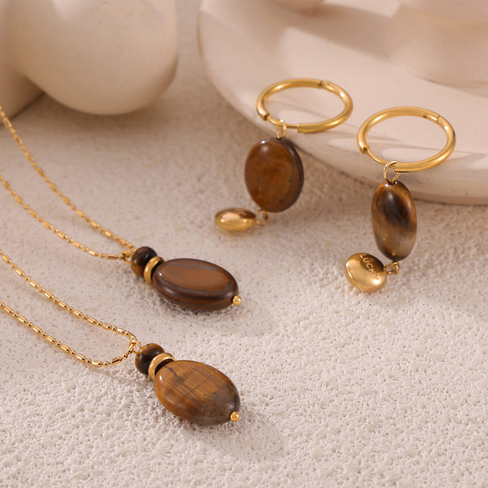 Gold Titanium Steel Tigers Eye Oval Pendant Necklace Earring Set