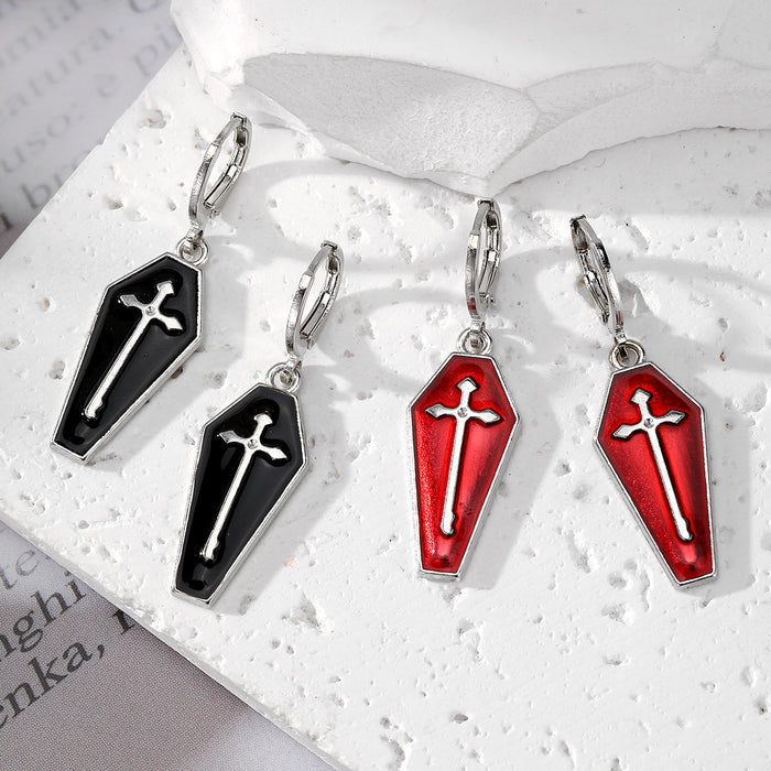 Silver Tone Coffin and Cross Enamel Huggie Drop Earrings