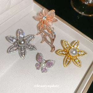Pearl Crystal Flower Butterfly Brooches Four Designs