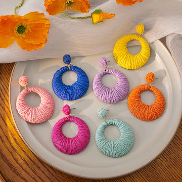 Eight Color Yarn Wrapped Large Round Disc Earrings