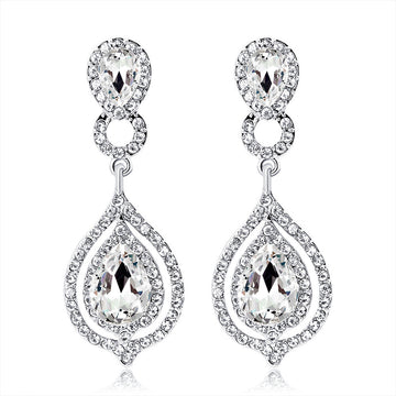 Silver Tone Double Teardrop Crystal Crystal Metal Dangle Earrings