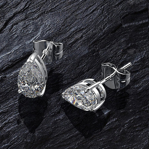 Side view of silver pear studs showing posts and butterfly backs