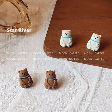 Brown Bear Stud Earrings With Light Blue Scarf Pair