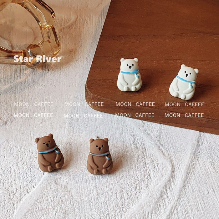 Brown Bear Stud Earrings With Light Blue Scarf Pair