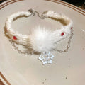 White Fuzzy Pom Pom Snowflake Choker and Pearl Earrings view 6