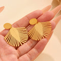 Gold Tone Palm Leaf Fan Drop Earrings Matte Stainless Steel view 4