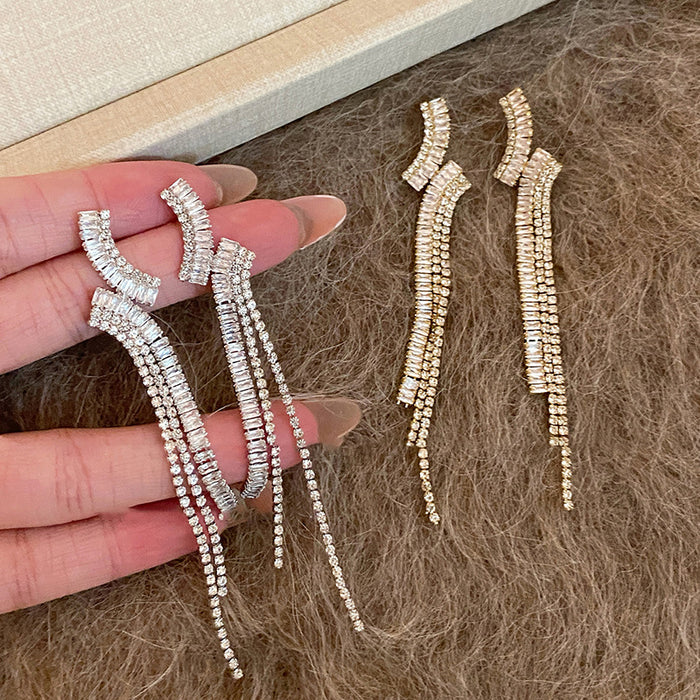 Crystal Crescent Tassel Drop Earrings with Distinctive Textured Details