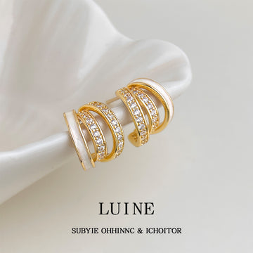 Gold Triple Band Half Hoop Earrings White Enamel Zircon