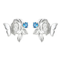 Silver Tone Sculpted Rose Butterfly And Blue Stone Stud Earrings view 5
