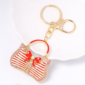Red Enamel Striped Handbag Keychain Bow Rhinestone Gold Clasp