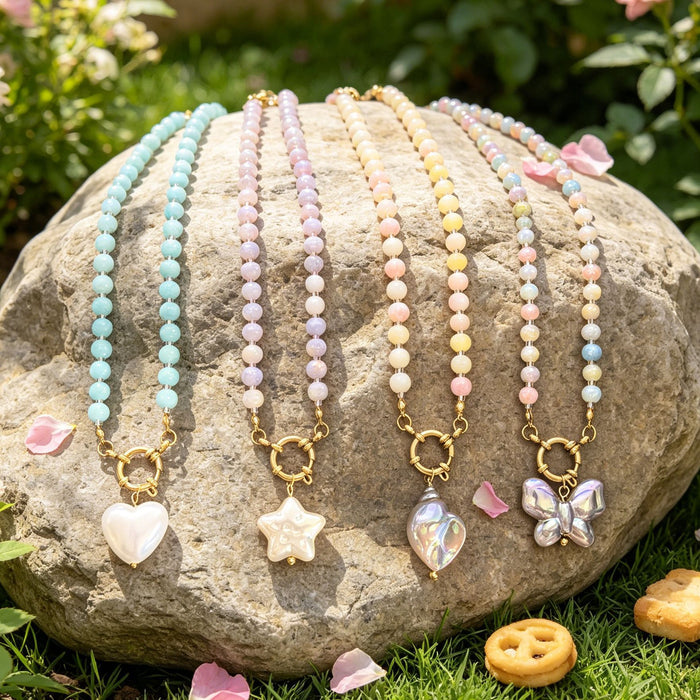 Colorful Round Bead Necklaces With Four Gold Tone Pendant Shapes