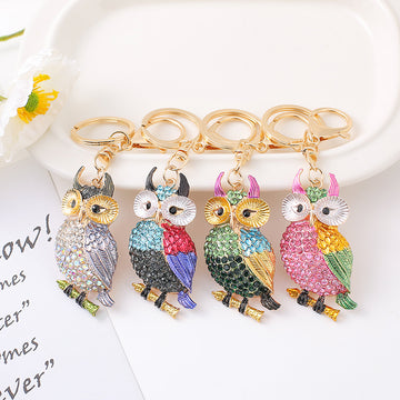 Owl Rhinestone Enamel Keychain Gold Tone 4 Color Styles