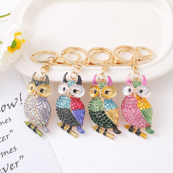 Owl Rhinestone Enamel Keychain Gold Tone 4 Color Styles