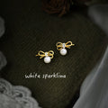 Gold Bow Pearl Stud Earrings Clear Baguette Center Accent Pair view 4