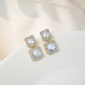 Gold Double Square Crystal Halo Linked Dangle Earrings view 6
