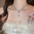 Silver Butterfly Rhinestone Necklace Matching Tassel Earrings view 2