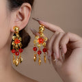 Gold Tone Red Flower Bead and Leaf Fringe Earrings view 1