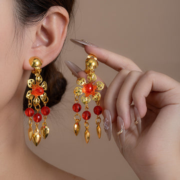 Gold Tone Red Flower Bead and Leaf Fringe Earrings
