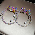 Rainbow Crystal Leaf Hoop Earrings with Silver Tone Rings view 1