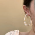 White Pearl Beaded Statement Hoop Earrings with Gold Tone Accents view 4