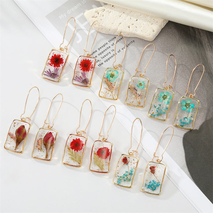 Gold Tone Rectangular Clear Resin Pressed Flower Long Wire Earrings