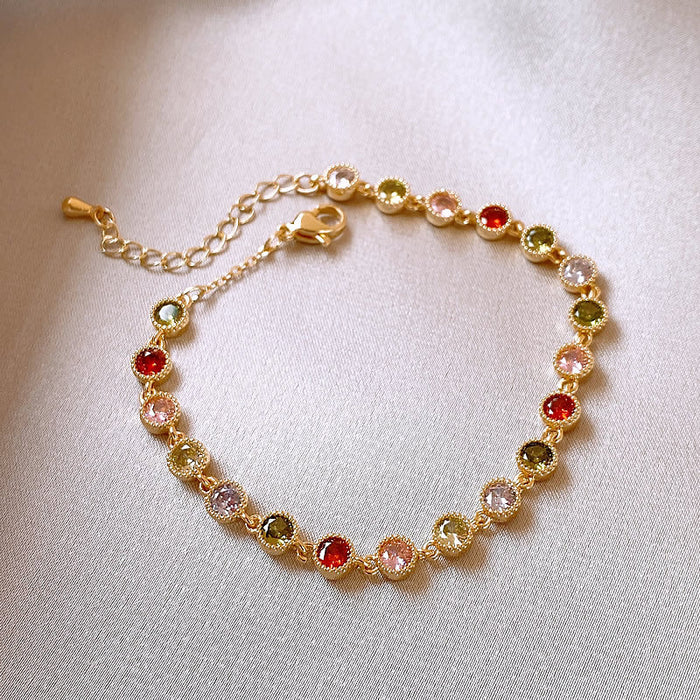 Gold Tone Fine Chain Bracelet With Multicolor Round Crystal Links
