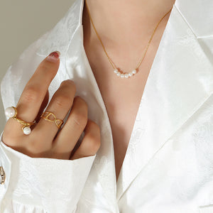 Five Faux Pearl Bar Necklace Gold Steel Thin Chain Collar Style