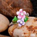 Silver Enamel Pink Purple Flower Ring CZ Green Leaves view 5