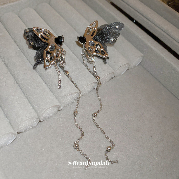 Black Butterfly and Chain Tassel Statement Earrings