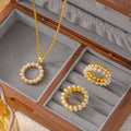 Pearl Circle Pendant Necklace And Bead Band Rings Gold Steel view 2