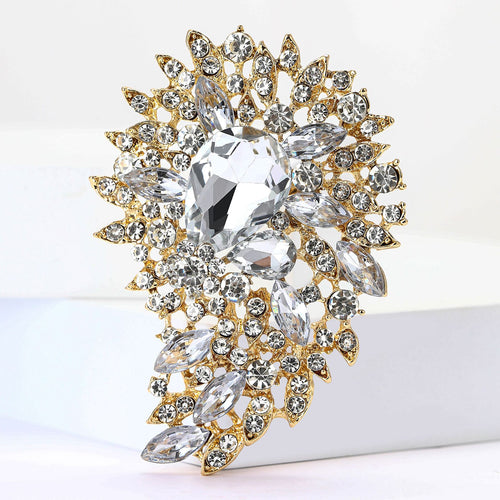 Angled view showing the crystal leaf cluster brooch surface