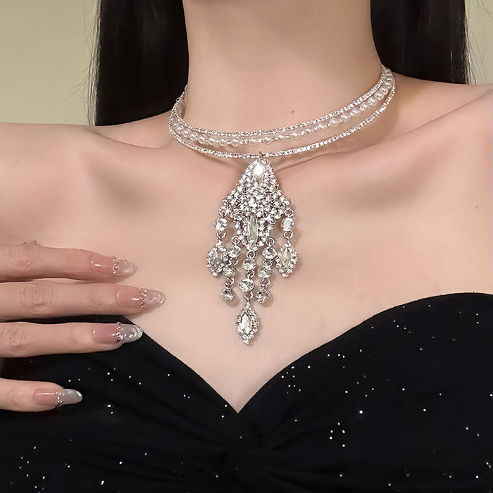 Silver Crystal Choker Necklace With Chandelier Fringe