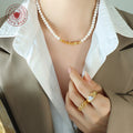 White Pearl Necklace Gold Geometric Square Bead Center view 3