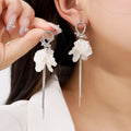 White Petal and Silver Chain Long Dangle Stud Earrings view 1