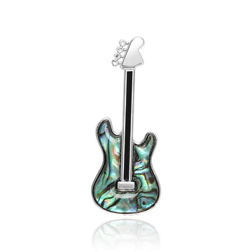 Green Guitar Brooch with Crystal Details and Silver Tone Pin