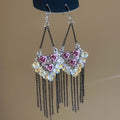 Crystal Flower and Black Fringe Drop Earrings Decorative Jewelry Pair view 7