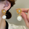Gold Round Crystal Stud Earrings with White Pearl Drops view 1