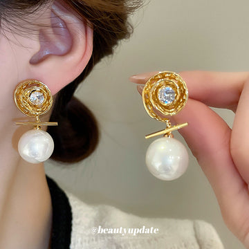 Gold Round Crystal Stud Earrings with White Pearl Drops