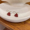 Gold Tone Burgundy Heart And Pearl Drop Earrings Decorative Jewelry view 6