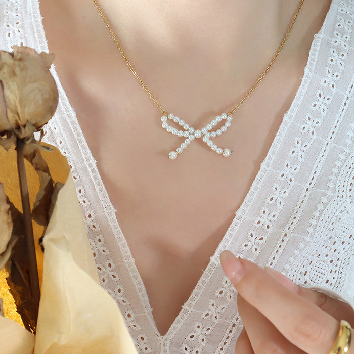 Faux Pearl Bow Pendant Gold Cable Chain Necklace Collar Style