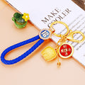 Gold Tone Fortune Pouch and Red Medallion Keychains with Braided Loops view 1