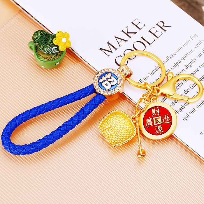 Gold Tone Fortune Pouch and Red Medallion Keychains with Braided Loops