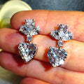 Silver Tone Heart Crystal Floral Cluster Drop Earrings view 1