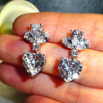 Silver Tone Heart Crystal Floral Cluster Drop Earrings