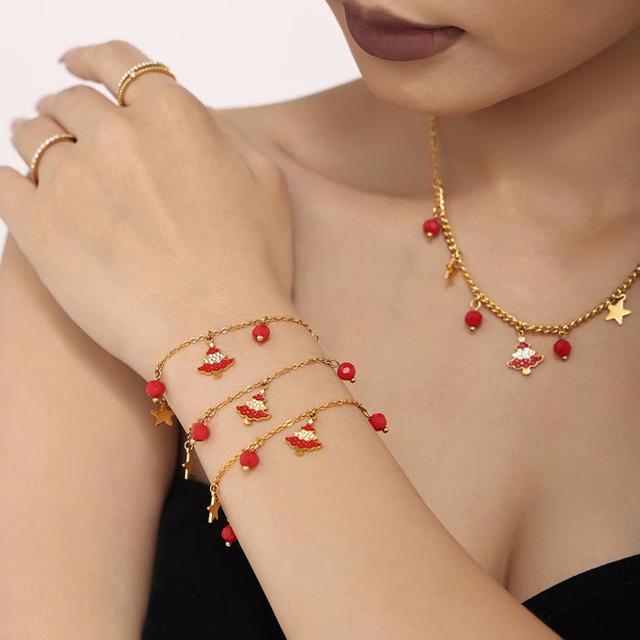 Gold Red Enamel Christmas Tree Zircon Necklace Bracelet Earrings