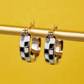 Silver Tone Black And White Checkered Hoop Earrings view 2