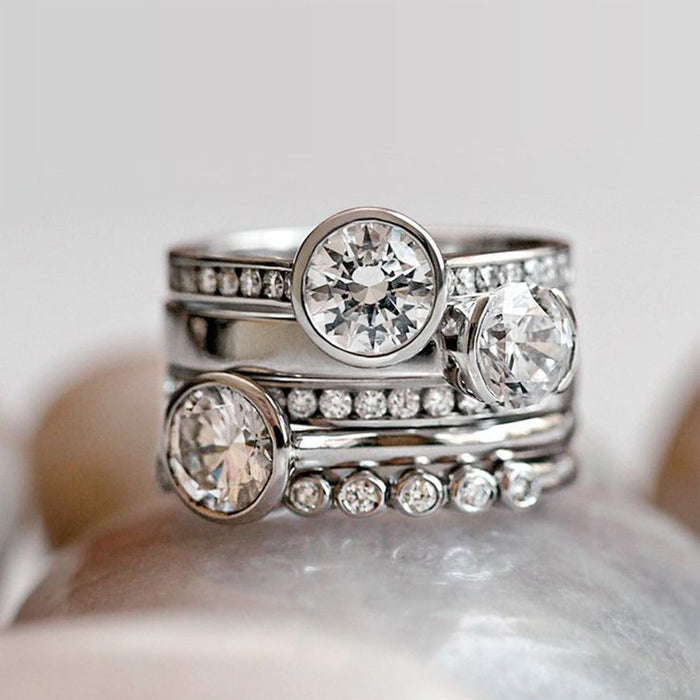 White Gold Three Bezel Round Stone Multi Band Finger Ring